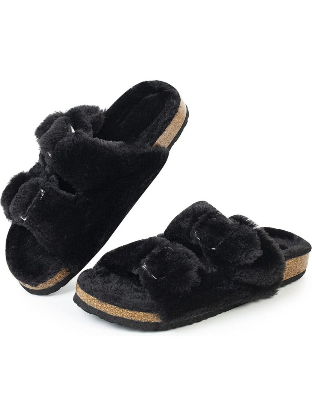Cozy Open Toe Slippers for Women, Faux Rabbit Fur Cork Slide Sandals
